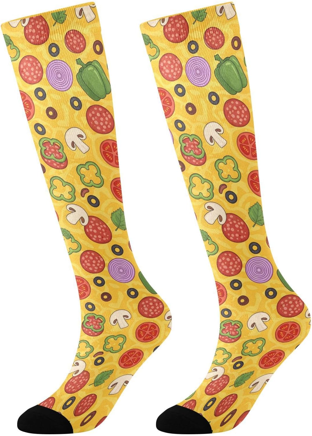 Women Fashion Fun - Pizza Topping Print Knee High Socks